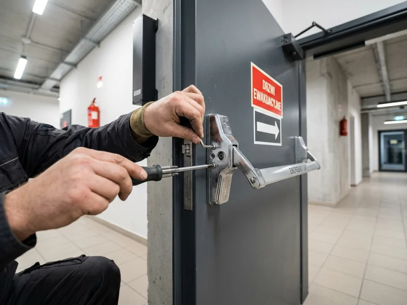 Ślusarz serwisant wykonuje regulację dźwigni panicznej na drzwiach ewakuacyjnych PPOŻ w Częstochowie